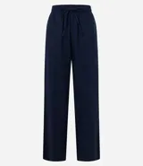 Pantalón de viscosa y lino color azul marino, de corte palazzo con lazo en la cintura.