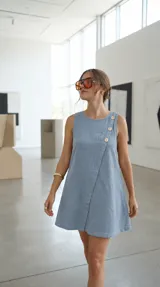 Vestido corto sin mangas de color celeste, con diseño cruzado en el frente y detalles de botones grandes en el lateral del escote.