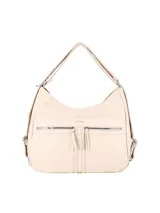 Bolso tipo hobo marca Terrano, color beige, confeccionado en cuero sintético. Presenta dos bolsillos frontales con cierre metálico, correa de hombro ajustable y herrajes plateados.