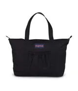 Bolso tipo tote bag JanSport Daily Tote en color negro, con asas dobles de hombro, cierre superior y un bolsillo frontal abullonado con el parche clásico de la marca.