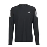 Remera deportiva Adidas de manga larga, diseñada para running. Presenta un diseño en color negro con las icónicas tres bandas blancas en los hombros y el logo de la marca en el pecho. Cuenta con tecnología AEROREADY para la absorción de humedad.