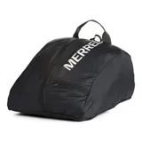 Bolso organizador para calzado Merrell, color negro, confeccionado en tejido ripstop de nailon ligero. Cuenta con cierre frontal, asa superior para transporte y logo de la marca estampado en color blanco.