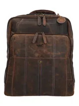 Maletín tipo mochila de cuero marrón con costuras decorativas en color azul, cierre frontal con cremallera y logo de pato grabado en el centro.