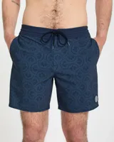 Short de baño Volcom modelo Abg Psyche Cotton Stoney 17 pulgadas, color azul marino con diseño estampado geométrico sutil y cordón ajustable en la cintura.