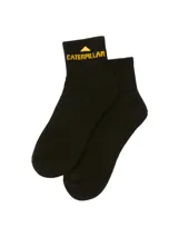 Medias negras Caterpillar tipo tobilleras, con la inscripción y el logo de la marca bordados en hilo amarillo en el puño.