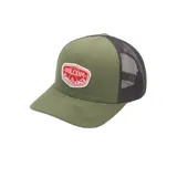 Gorra tipo trucker color verde oliva con panel frontal rígido y parte posterior de malla oscura. Presenta un parche bordado en el frente con el logo de Volcom y diseño de montañas. Cuenta con visera semicurva y cierre ajustable snapback.
