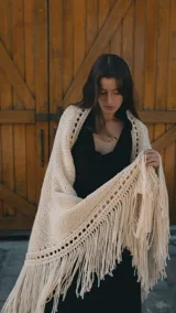 Ruana artesanal tejida en lana merino color crudo, con diseño de punto abierto en los bordes y flecos largos en todo el contorno.