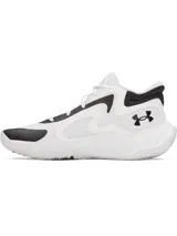 Championes de básquetbol Under Armour modelo Jet 25, con diseño en blanco y negro. Presentan una parte superior de materiales mixtos para mayor durabilidad y transpirabilidad, cuello acolchado para sujeción y entresuela Micro G® para una pisada reactiva.
