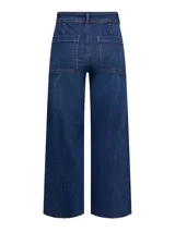 Jean wide leg de tiro alto en color azul, con diseño cropped y bolsillos decorativos, confeccionado en denim elástico.