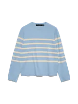 Sweater tejido de manga larga con cuello redondo y diseño a rayas horizontales en color celeste y beige. Calce regular.