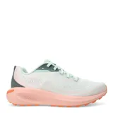 Championes de running Merrell modelo Morphlite, diseñados para terrenos mixtos. Presentan un diseño en tonos verde menta y blanco con entresuela de espuma FloatPro en color salmón y suela de goma naranja. Incluyen cierre con cordones y tecnología para control de olores.