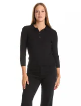 Buzo de tejido acanalado marca Rio & Rian, con cuello tipo polo con solapa y botones frontales, y mangas tres cuartos.