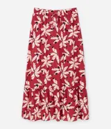 Pollera larga de viscosa con estampado floral, cintura elastizada con lazo y ruedo fruncido. Prenda plus size.