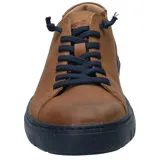 Zapatillas urbanas de cuero color marrón con suela de goma azul marino y cordones elásticos azules.