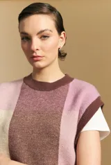 Chaleco tejido de punto con diseño de bloques a cuadros en tonos rosados, marrones y beige. Presenta cuello redondo y terminaciones acanaladas en cuello y sisas.