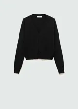 Cardigan de punto fino con cuello en pico y cierre frontal de botones. Presenta un diseño recto de manga larga.