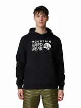 Buzo canguro negro con capucha, marca Mountain Hardwear, con logo estampado en el pecho.