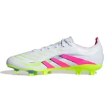 Championes de fútbol Adidas Predator League FG/MG, color blanco con detalles en rosa y verde.