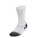 Medias deportivas de caña media Under Armour, color blanco con puntera y talón en gris oscuro. Diseño ergonómico con tejido transpirable y ajuste seguro en el talón.