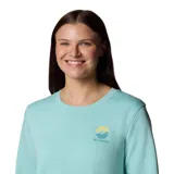 Buzo de cuello redondo color turquesa, con diseño de calce clásico y estampado gráfico pequeño en el pecho que representa un paisaje de sol y olas con el logo de la marca.