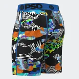 Calzoncillos bóxer estampados con diseño abstracto multicolor, cintura elástica azul con logo PSD en negro, entrepierna de 7 pulgadas y bolsa MicroMesh transpirable.
