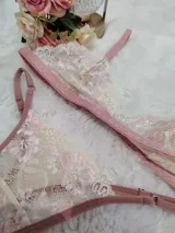 Conjunto de lencería compuesto por bralette y tanga regulable, confeccionado en encaje color champagne con detalles florales bordados en hilo rosado y terminaciones en cinta color rosa viejo.
