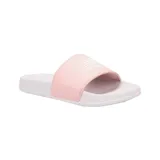 Ojotas New Balance blancas con tira ancha rosa y logo de la marca en blanco.