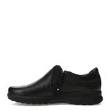 Zapatos casuales de mujer Lombardino Mery, color negro, confeccionados en cuero y nobuk, con diseño tipo slip-on, cierre lateral y suela plana de goma.