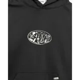 Canguro negro con capucha y cordones blancos, bolsillo canguro frontal y estampado ovalado en el pecho con la frase "Critical Slide". Presenta estampados adicionales en las mangas.