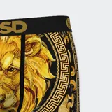 Calzoncillos bóxer negros con estampado de león dorado y grecas doradas. Cintura elástica negra con logo PSD en dorado.