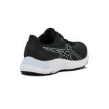 Championes de running Asics Gel-Excite 8 para mujer, de color negro con suela blanca y detalles en celeste, con tecnología AmpliFoam y capellada de malla transpirable.