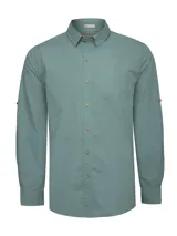 Camisa de manga larga RKF modelo Galiton, color verde, confeccionada en algodón orgánico. Cuenta con cuello camisero, cierre frontal con botones de madera, un bolsillo aplicado en el pecho con el logo bordado y sistema para arremangar las mangas.