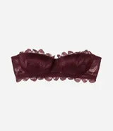 Soutien strapless color lila, con diseño de encaje rústico floral, copas huecas y breteles desmontables y ajustables.