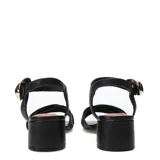 Sandalias de cuero negro Bottero, con tiras cruzadas en el empeine, taco cuadrado bajo y tira al tobillo con hebilla metálica dorada.