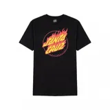 Remera negra de manga corta con estampado gráfico de Santa Cruz en el frente con diseño de llamas en tonos rojos y amarillos dentro de un círculo.