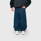 Pantalón de jean estilo baggy, de corte ultra holgado y tiro medio, confeccionado en denim de color azul oscuro con acabado raw.