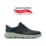 Zapatos casuales Skechers modelo Slip-ins Relaxed Fit Arch Fit Garza Langston, color azul marino con suela gris. Confeccionados en cuero con tecnología Arch Fit para soporte de arco y sistema de calce fácil.