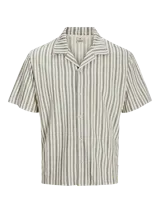 Camisa de manga corta con cuello clásico y corte relajado, con estampado a rayas verticales en tonos beige y gris.