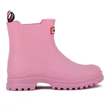 Bota de lluvia corta color beige, con suela track dentada y tirador trasero con detalle de cinta tricolor. Presenta un parche decorativo con la inscripción 'IRAIN' en el lateral.