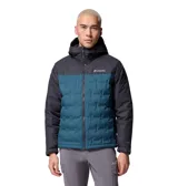 Campera Columbia Grand Trek III con capucha, diseño bicolor en negro y azul oscuro, con aislamiento térmico y cierre frontal de cremallera.