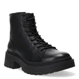 Botas tipo borceguí de cuero negro con cordones, suela track robusta y taco cuadrado.