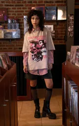 Remera de manga corta con cuello redondo y corte oversize, color beige, con estampado frontal gráfico de la banda Depeche Mode.