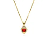 Colgante con cadena dorada y dije en forma de corazón rojo con borde dorado y cristales blancos.