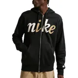 Campera con capucha y cierre frontal completo, color negro. Presenta el logo de Nike estampado en el pecho con letras en tonos crema y blanco, además de un pequeño logo bordado en el puño izquierdo.
