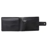 Billetera negra de cuero nobuk con costuras a tono y logo Rip Curl en relieve. Cuenta con ventana para DNI, compartimento para billetes, monedero con cierre, múltiples ranuras para tarjetas, protección RFID y cierre de botón a presión metálico.