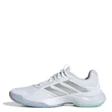 Championes de mujer Adidas Game Court 3 All Court, color blanco con las icónicas tres tiras plateadas en el lateral y detalles en verde menta. Diseñados para tenis y deportes en cancha, confeccionados en malla transpirable y refuerzos sintéticos.