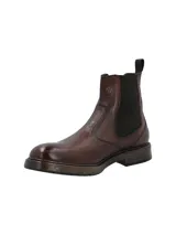 Botín estilo Chelsea para hombre, confeccionado en cuero italiano de color marrón con acabado envejecido. Presenta paneles laterales elásticos, tirador en la parte trasera y suela de goma con textura antideslizante.