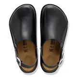 Zueco de cuero negro modelo Lutry Premium Lena, con tira ajustable en el talón y hebilla metálica.