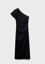Vestido midi de lino con diseño recto y cuello asimétrico de un solo hombro. Presenta cintura drapeada y abertura lateral en el bajo.