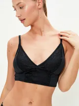 Bralette de encaje negro con diseño de escote en V, con banda inferior ancha y tirantes ajustables.